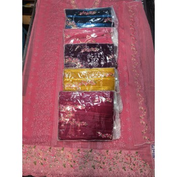 Premium White Gold Georgette Embroidery Work - 3 Piece Set