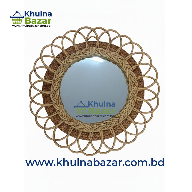Handcrafted Round Cane Wall Mirror – 18 Inch (Natural Rattan Design)